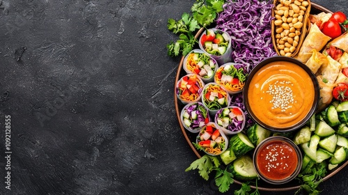 A vibrant platter featuring fresh vegetables, dips, and colorful rolls, perfect for healthy snacking or sharing at gatherings.