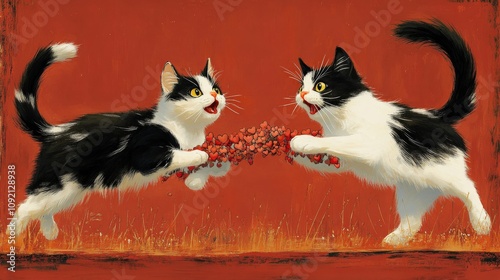 Playful Tuxedo Cats Battling Over Red Toy on Vibrant Orange Background in Dynamic, Joyful Interaction Capturing Feline Friendship and Energetic Movement