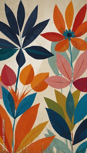 An abstract vector image in the manner of a retro poster with a variety of stylised, vibrant flowers and leaves