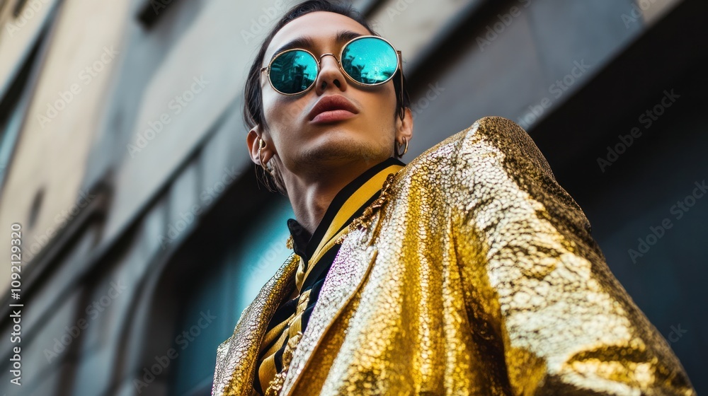 Vlogger dressed in a gold jacket, posing with confidence and wealth