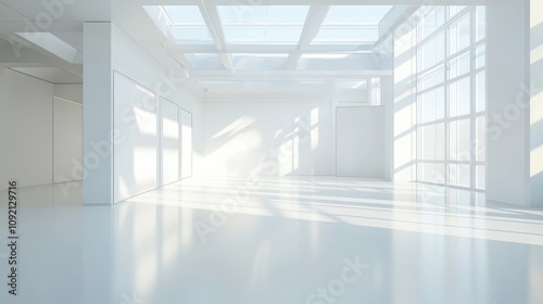 Wallpaper Mural Sunlight Illuminates Modern White Room Design with Large Windows and Skylights, Clean Minimalist Architecture Style. Torontodigital.ca