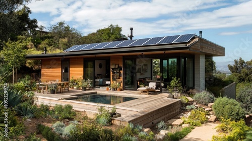 Eco-friendly, downsized house with solar panels and compact landscaping