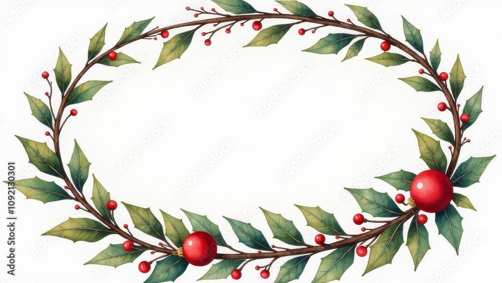 Fototapeta premium Christmas Festive oval wreath of mistletoe branches adorned with red ornaments, berries, and warm string lights on white background. Holiday Xmas seasonal decor with copy space.