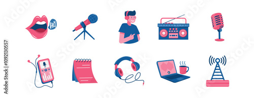 Podcast Elements and Broadcasting Icons Vector Set