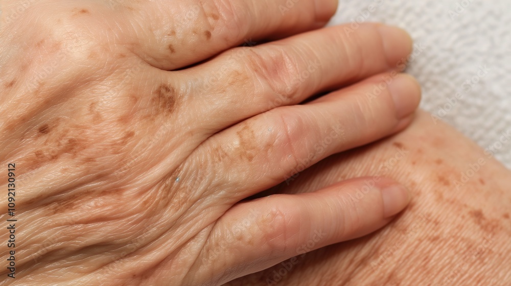 Close-up of Aged Hand. Beauty, medicine, skin care, anti-aging products, medical research, close-up of human hands, skin texture, signs of aging, beauty of life, natural beauty Close-up of Aged Hand. Beauty, medicine, skin care, anti-aging products, medical research, close-up of human hands, skin texture, signs of aging, beauty of life, natural beauty