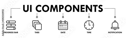 UI Components banner web icon illustration concept with icon of progress bar, tabs, date, time, and notification