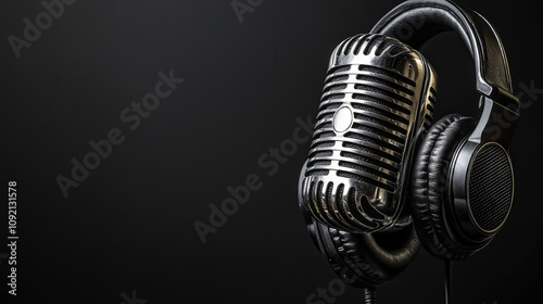 Vintage microphone and headphones on solid black background