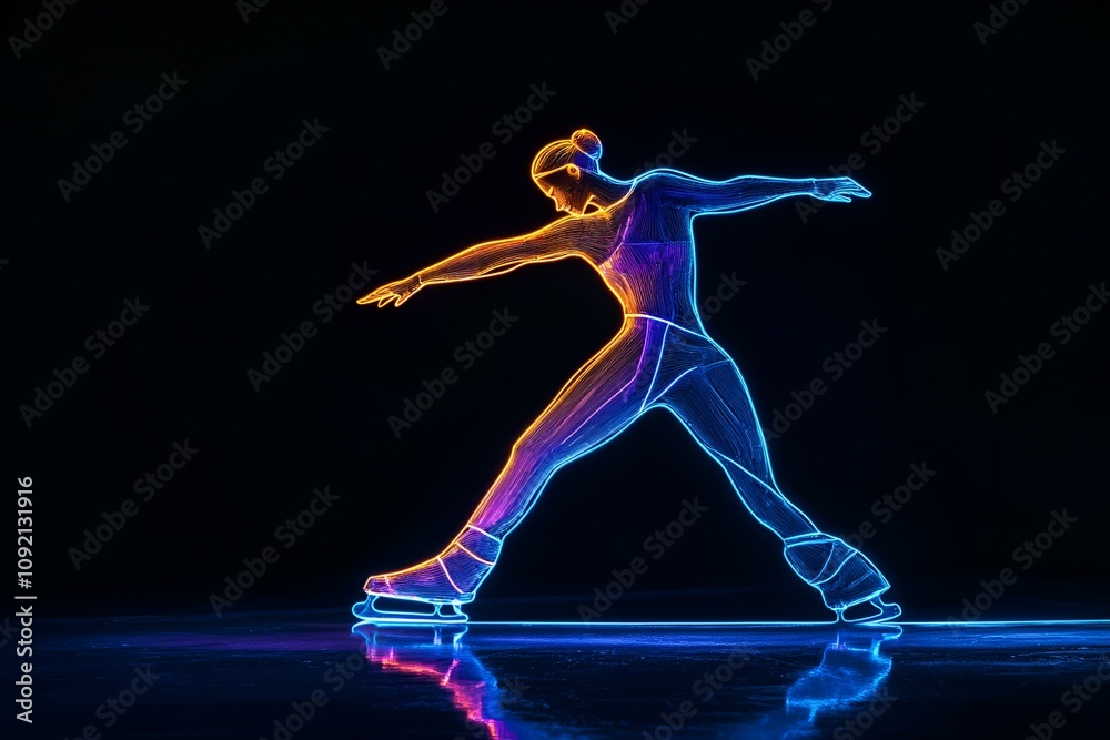 Obraz premium Neon silhouette of figure ice skating in the moonlight isolated on black background.