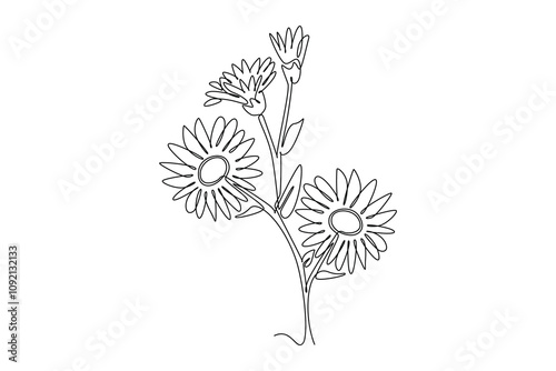 Single one line drawing of beauty aster flower vector illustration. Minimal tropical floral style, love romantic concept for poster, wall decor. Continuous line draw design graphic vector illustration