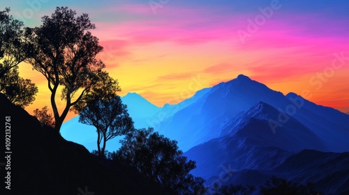 Silhouette of trees against a vibrant sunset over a mountain range.