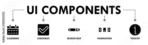 UI Components banner web icon illustration concept with icon of calendar, checkbox, search bar, pagination, and tooltip