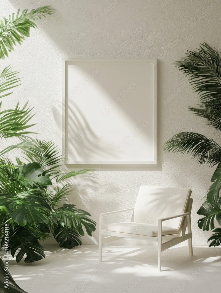 Fototapeta premium Minimalist White Room Tropical Plants Frame Chair