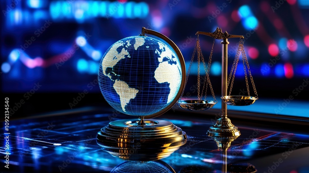Fototapeta premium Global Justice Scales of Justice and Illuminated Globe on Digital Background