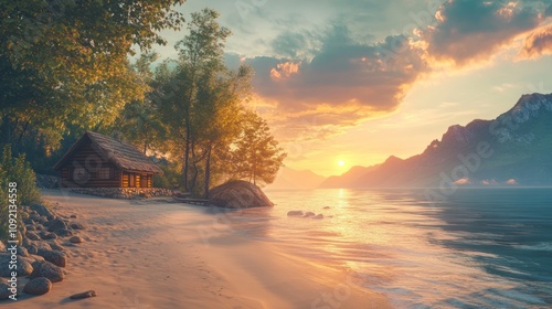 A small wooden cabin sits on a secluded beach at sunset, with mountains in the distance and the golden sun shining through the clouds.