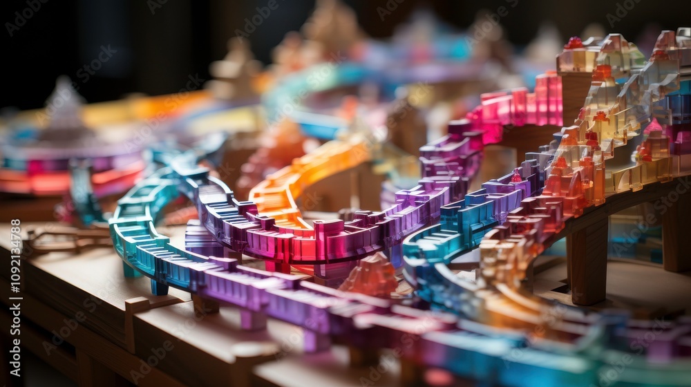 custom made wallpaper toronto digitalA Colorful and Intricate Display of Transparent Building Blocks Creating a Fascinating Roller Coaster Design with Vivid Light Reflection and Depth