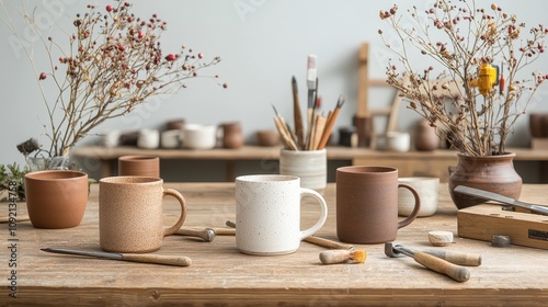 A Cozy Artisan Workspace Featuring Handmade Ceramic Mugs and Craft Tools in a Natural Environment with Plants and Creative Materials