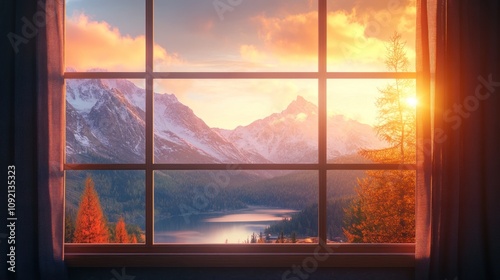 A picturesque view of a mountain range and a lake seen through a window with a golden sunrise in the background.