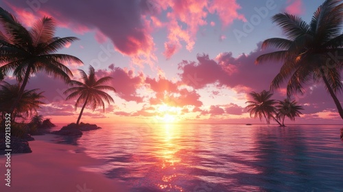 A vibrant sunset over a tropical beach with palm trees, a small island and a boat in the distance.