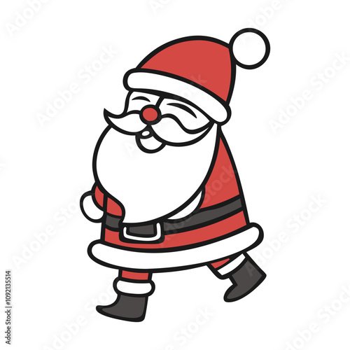 Vector cartoon illustration of cute traditional Santa Claus, wrapped gift in hand. Christmas winter holiday design element.