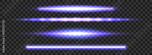 Glowing purple neon tube lamp collection. Led light violet line beam set. Bright luminous fluorescent bar stick lines. Shining cold color strip element pack to divide, separate, decorate. Vector