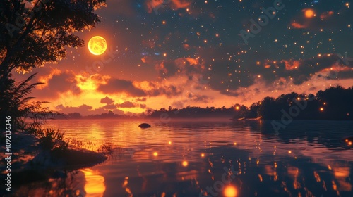 A serene lake scene with a large moon in the sky, surrounded by trees and a star-filled night sky.