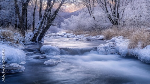 Serene winter stream flowing through a snow-covered landscape at sunrise.