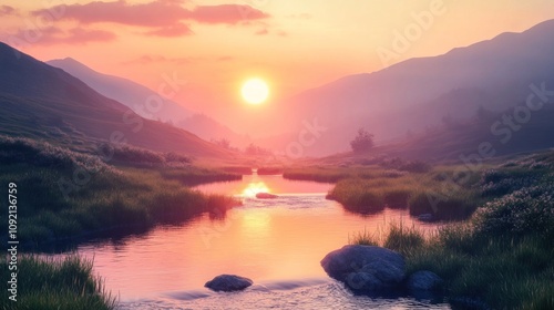A scenic view of a river flowing through a valley with mountains in the background. The sun is setting, casting a warm glow over the landscape.