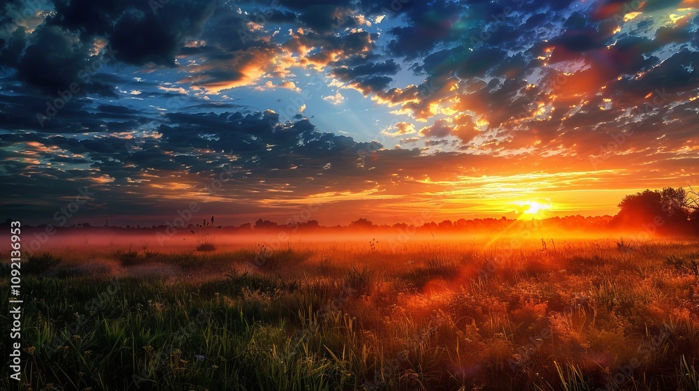 Fototapeta premium Stunning sunset over a misty field, showcasing vibrant colors and dramatic clouds.