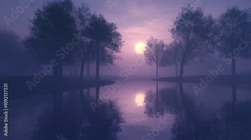 A misty sunrise casts an ethereal glow over a tranquil lake, the setting sun reflecting in the water, illuminating the silhouette of trees on the shore.
