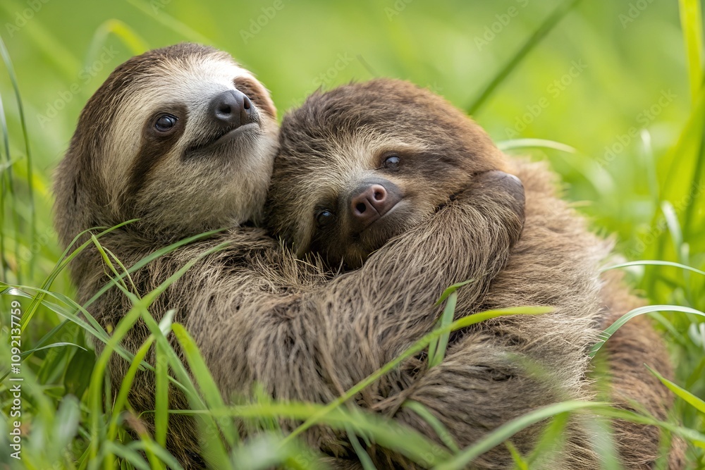 Fototapeta premium portrait of a baby sloth with his mother