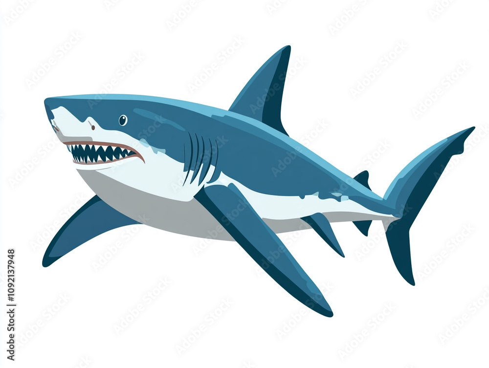Obraz premium Illustration of a large blue and white shark is swimming in the ocean. Isolated on white background. 