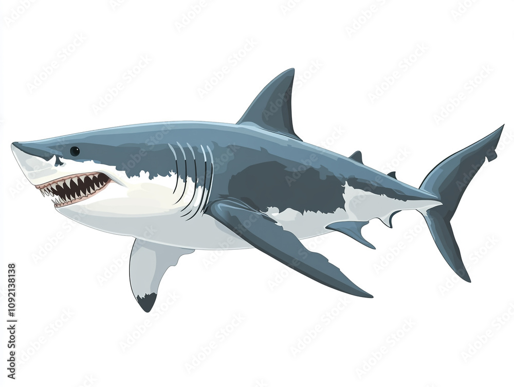 Fototapeta premium Illustration of a large blue and white shark is swimming in the ocean. Isolated on white background. 