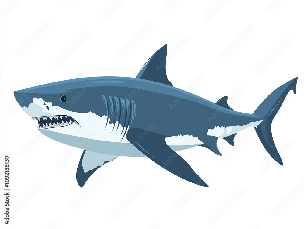 Fototapeta premium Illustration of a large blue and white shark is swimming in the ocean. Isolated on white background. 