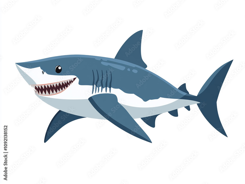 Obraz premium Illustration of a large blue and white shark is swimming in the ocean. Isolated on white background. 
