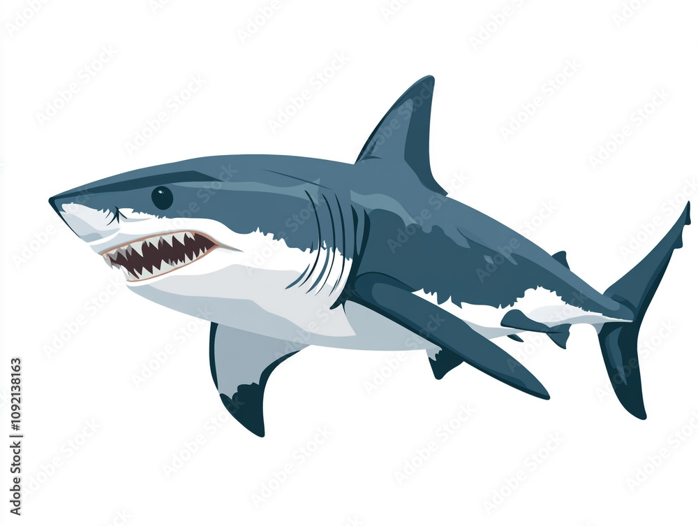 Obraz premium Illustration of a large blue and white shark is swimming in the ocean. Isolated on white background. 