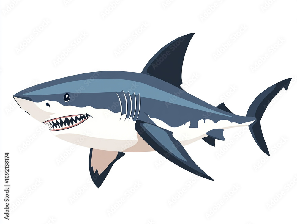 Obraz premium Illustration of a large blue and white shark is swimming in the ocean. Isolated on white background. 