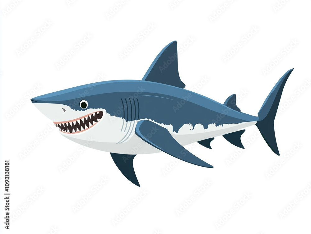 Fototapeta premium Illustration of a large blue and white shark is swimming in the ocean. Isolated on white background. 