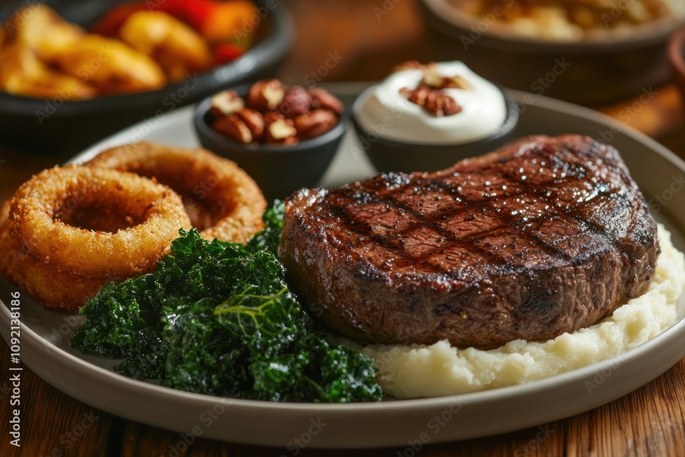 A plate featuring a grilled steak, onion rings, kale, and mashed potatoes.