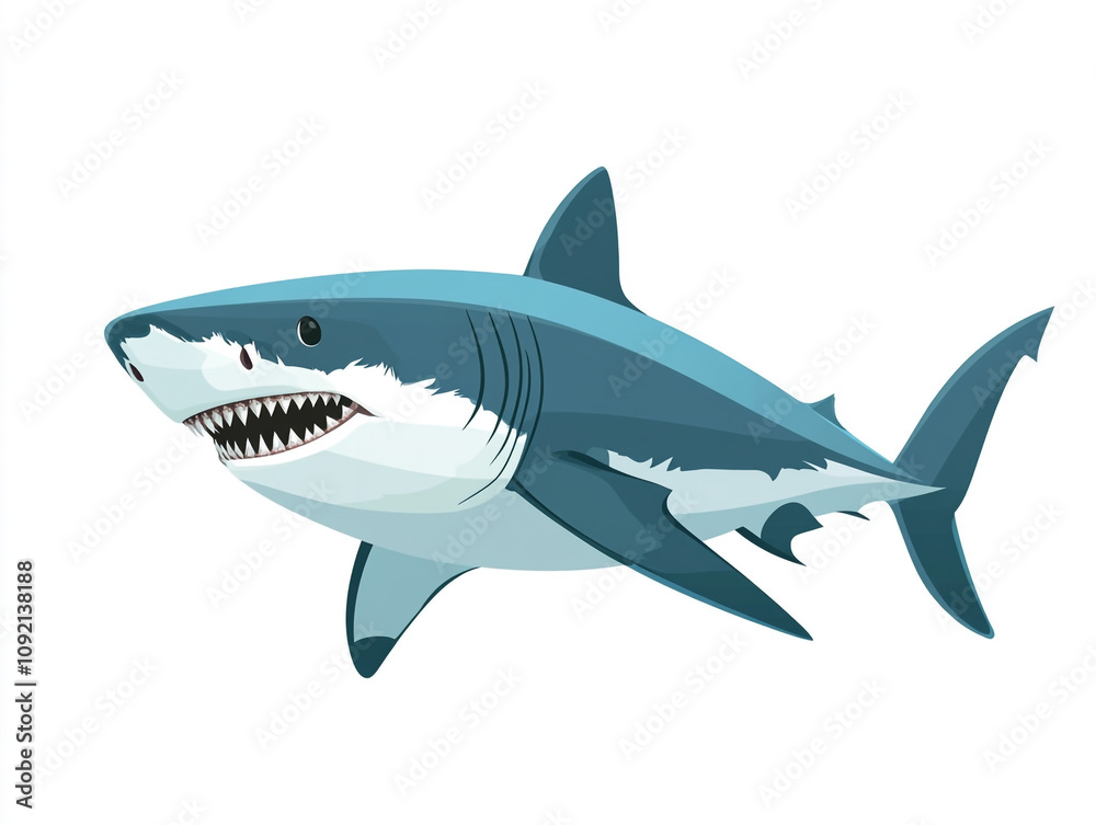 Obraz premium Illustration of a large blue and white shark is swimming in the ocean. Isolated on white background. 