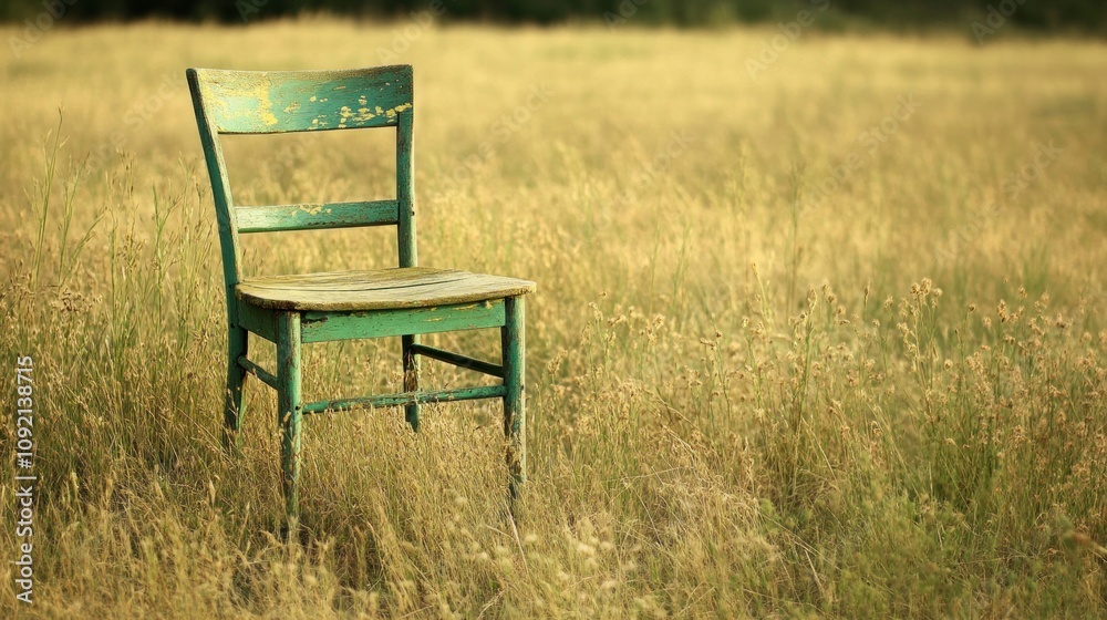 Fototapeta premium A weathered green wooden chair stands alone in a field of tall grass.