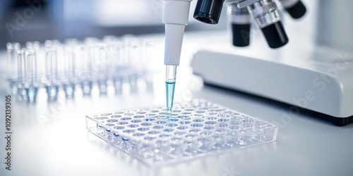 modern laboratory setting close -up concept. Laboratory equipment with pipette and microplate in use. photo