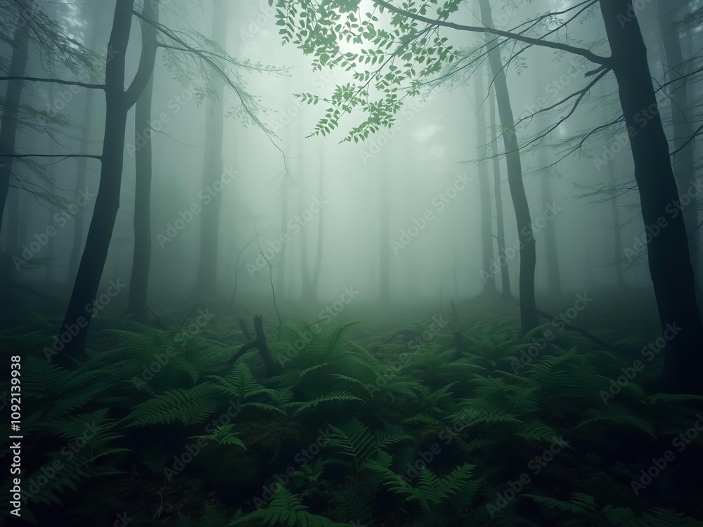 Naklejka premium Dense fog obscures forest floor hidden beneath ferns and moss, dark forest, foggy forest floor