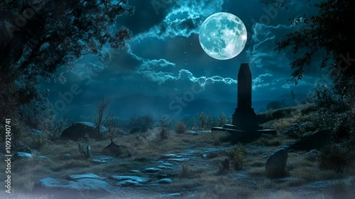 spooky halloween night with full moon. Seamless looping time-lapse virtual 4k video animation background