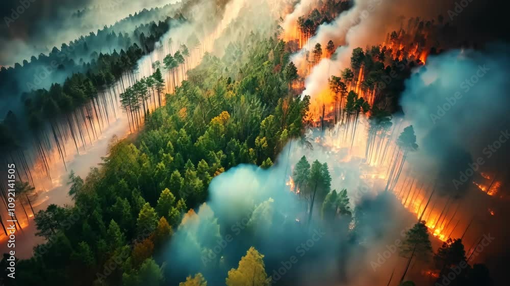 A dense forest experiences a devastating fire, with flames consuming ...