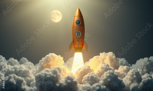 rocket launching into sky, symbolizing cryptocurrency growth and innovation, with clouds and moon in background