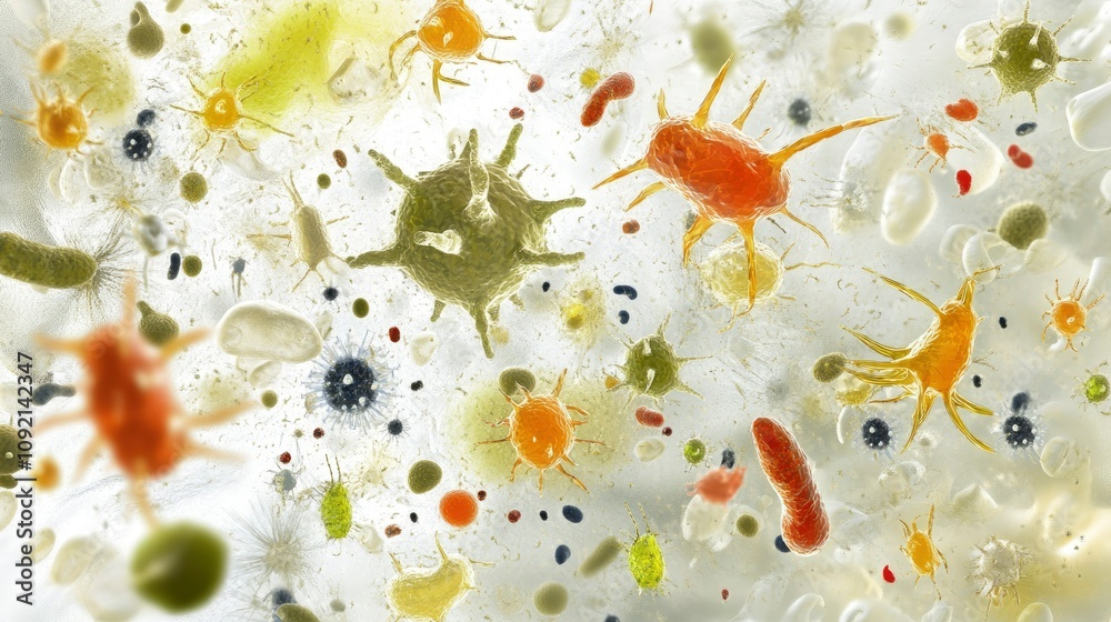 Obraz premium Microscopic View of Diverse Microorganisms, Bacteria, and Cells