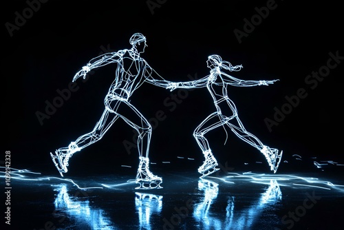 An artistic portrayal of ice skaters in motion, twirling gracefully under neon lights on a reflective frozen lake. photo