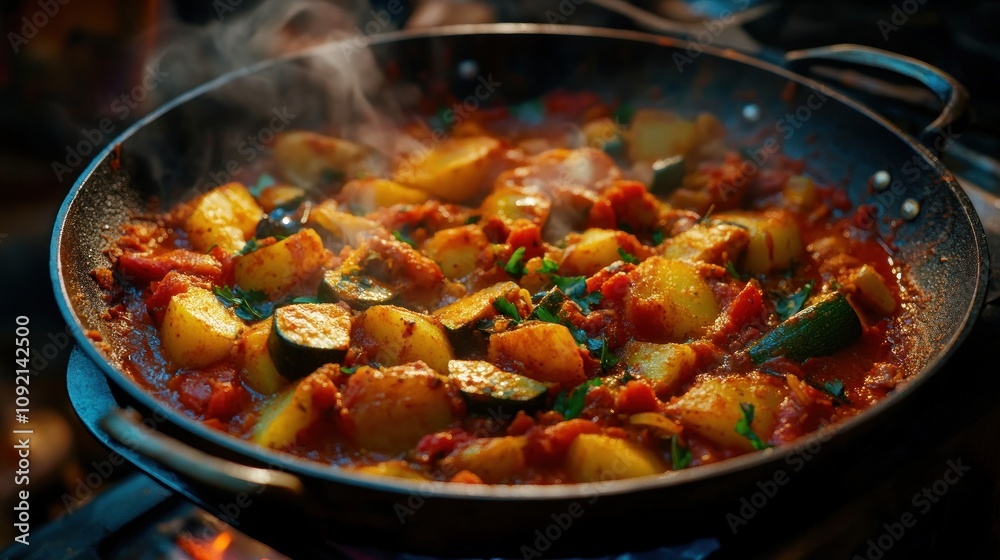 A vibrant dish of potatoes and zucchini simmering in a flavorful tomato sauce. A vibrant dish of potatoes and zucchini simmering in a flavorful tomato sauce.