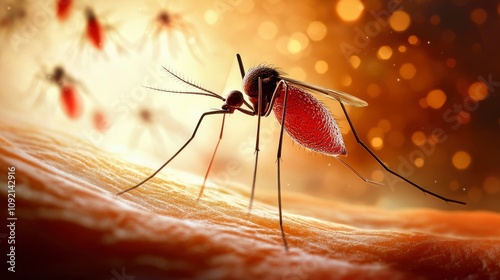 Microscopic Close-up of a Mosquito on Human Skin with Swarm in Background photo