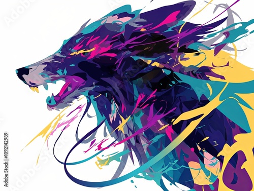 Abstract colorful wolf head design with vibrant paint splashes and dynamic lines. photo